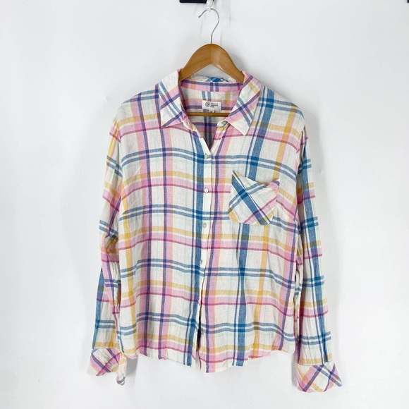 Candace Cameron Bure Tops - Candace Cameron Bure White Pink Blue Linen Blend Button Down Shirt Size M